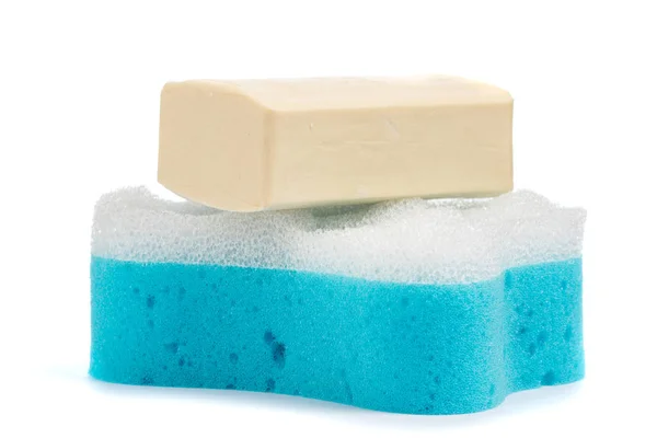 Σαπούνι Και Μπλε Πετσέτα Λευκό Φόντο — Φωτογραφία Αρχείου