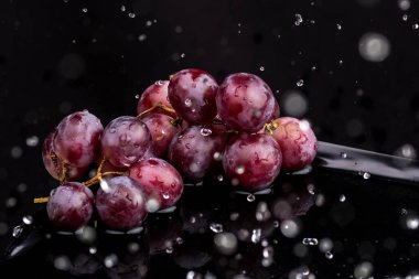 Su spreyi beyaz ve siyah arka plan üzerinde bir yansıması ile üzüm Mor koyu yakın çekim