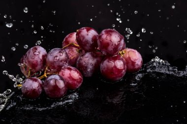 Su spreyi beyaz ve siyah arka plan üzerinde bir yansıması ile üzüm Mor koyu yakın çekim