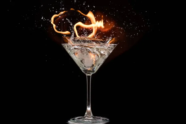 Glass Martini Olives Ice Black Background Fire — Stock Photo, Image