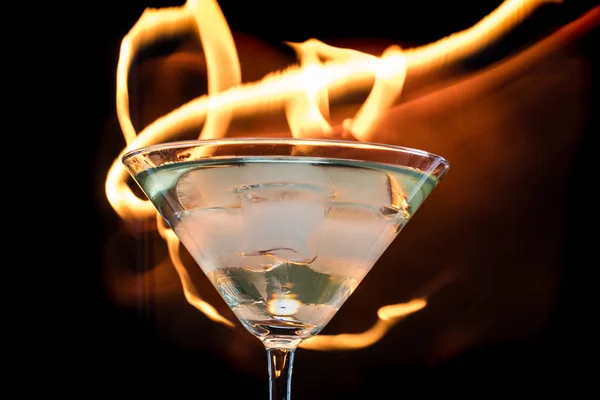 Glass Martini Olives Ice Black Background Fire — Stock Photo, Image