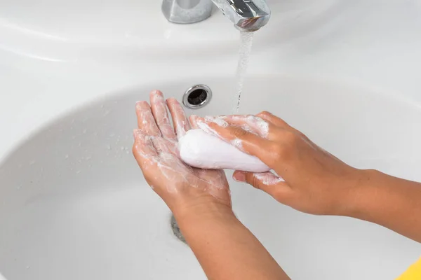 Washing Hands Soap White Sink Background Male Hand Children Hands — Stock Photo, Image