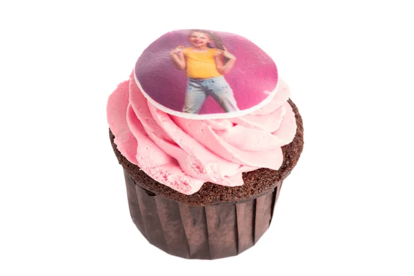 Cupcake Tårta Med Chokladdeg Och Rosa Kräm Vit Bakgrund — Stockfoto