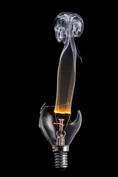 Broken Light Bulb Smoke Burning Spiral Black Background — Stock Photo, Image