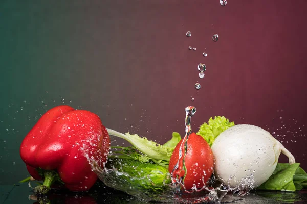 Čerstvá Zelenina Kapkami Vody Barevném Pozadí Poidor Okurka Paprika Cibule — Stock fotografie