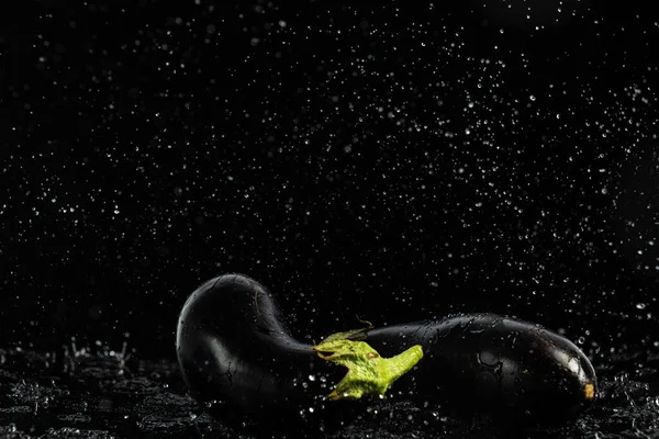 Aubergine Een Zwarte Achtergrond Met Druppels Plons Water — Stockfoto