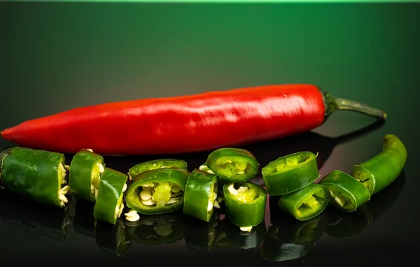 Hot Red Green Peppers Burning Chili Fire Gradient Background — Stock Photo, Image