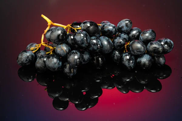 Donkerblauwe Druiven Een Tak Een Hellende Achtergrond Met Reflectie — Stockfoto