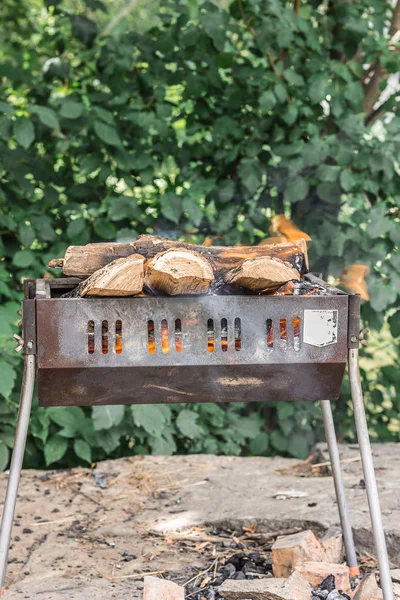 Mangal için yakacak odun hazırlanması. Doğa arka planda ızgara yemek pişirmek için odun yanan ile barbekü. Yanan odun.