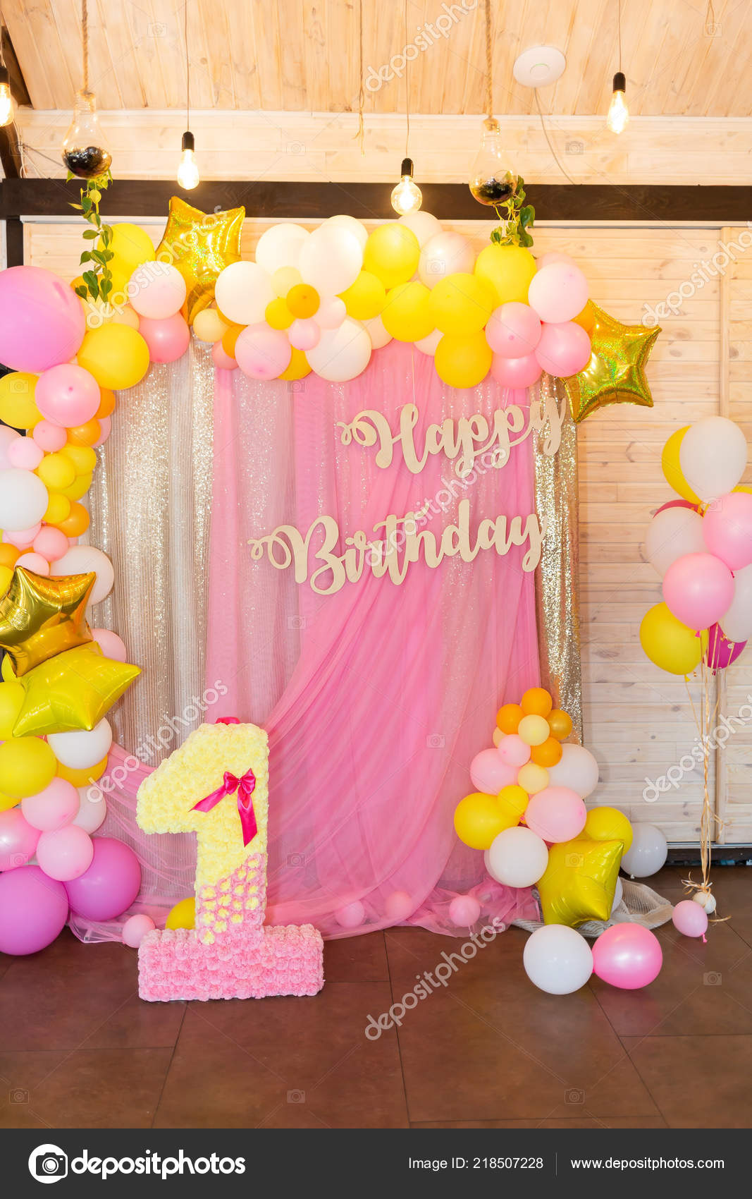 Pink Yellow White Balloons Soft Pink Background Inscription Happy ...