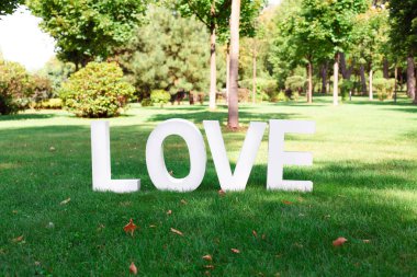 Parkta yeşil çimenlerin üzerinde çizgili beyaz büyük aşk mektupları. Arka plan bulanık. Düğün süslemeleri. Yakın çekim.