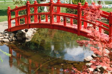 bahçe dekoru, kırmızı köprü. bahçede güzel gölet.
