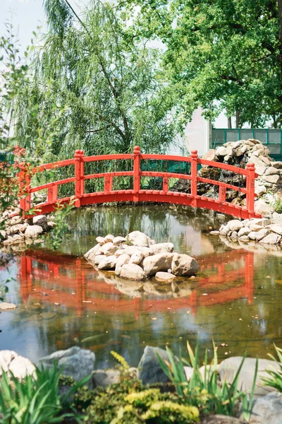 garden decor, red bridge