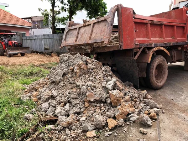 Staré Oranžové Šestikolový Vůz Byl Dumpingové Půdy Pak Traktoru Nerozletí Stock Obrázky