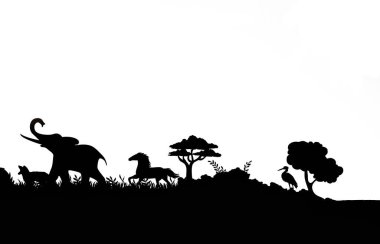 Gölge veya annimals ve forrest ağaçlarda beyaz arka plan üzerinde silüeti. 