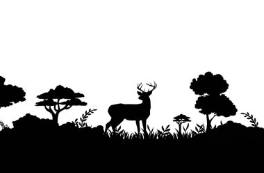 Gölge veya silhouette geyik ve forrest ağaçlarda beyaz arka plan üzerinde. 