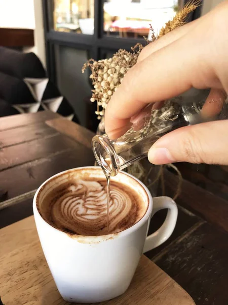 Şeker Şurubu Mocha Içinde Hangi Kahve Sanat Caf Ahşap Tablo — Stok fotoğraf