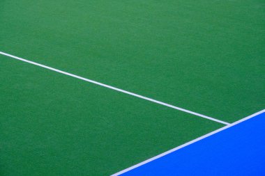 Hokey veya futbol için spor alanı. Bahçesi yeşil ve mavi beyaz çizgili