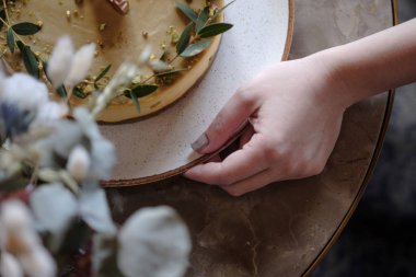 Bir kafede bir masada şenlikli cheesecake. Mango ve antep fıstığı ile Cheesecake. Bir kız cheesecake ile bir tabak tutar.