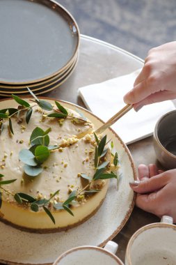 Kadının elleri pastayı kesti. Üstte görüntü 