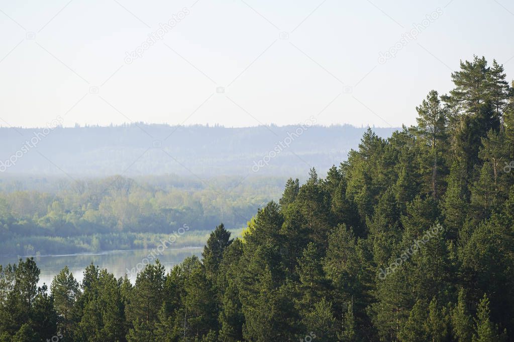 Misty landscape with fir forest and beautiful picturesque view of the valley of the river in hipster vintage retro style