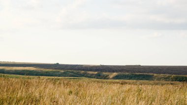 Güzel yaz kırsal arazisi: tarlalar, hasat ve mavi gökyüzü. Huzurlu bir manzara, yazın yeşil tepeler. Hasat, seyahat ve turizm kavramı.