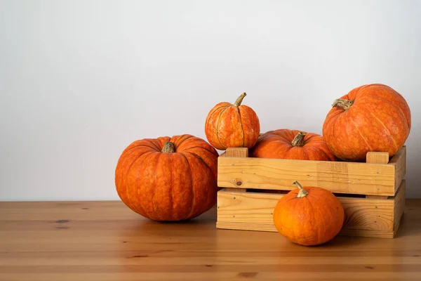 Abóboras Laranja Uma Caixa Madeira Uma Mesa Madeira Fundo Branco — Fotografia de Stock