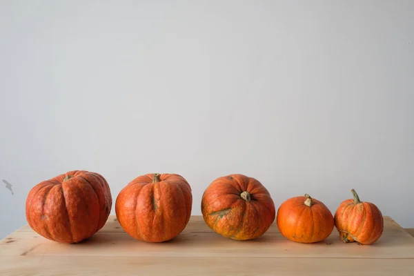 Halloween Díkůvzdání Podzimní Koncept Oranžových Dýní Různých Velikostí Dřevěném Stole — Stock fotografie
