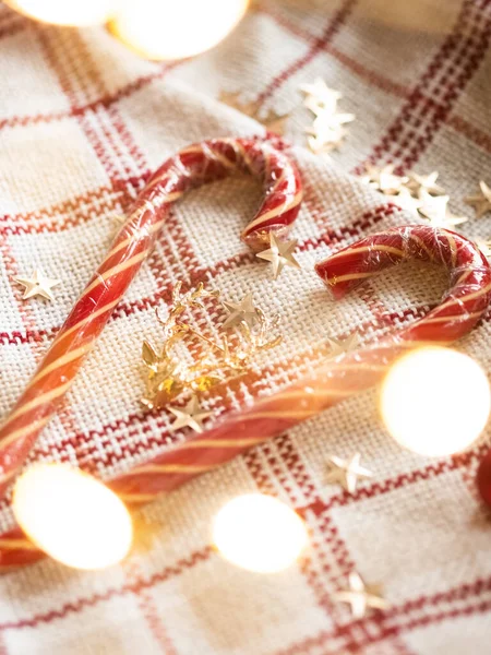 Bastones Caramelo Forma Corazón Acogedor Año Nuevo Tarjeta Navidad Con — Foto de Stock