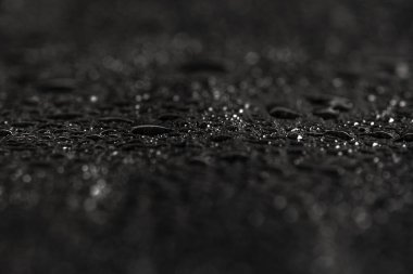 Su damlaları ya da doğal taş dokusu olan koyu gri bir arkaplan. Yakın çekim için kara tahta. Siyah arkaplanda su damlaları var.