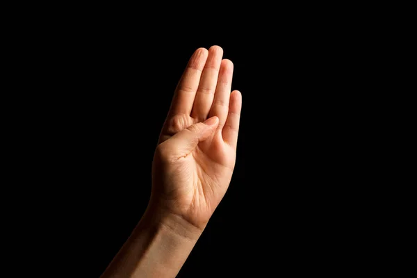 Hand Showing Sign of B Alphabet in American Sign Language (ASL), isolated on black background. Sign language