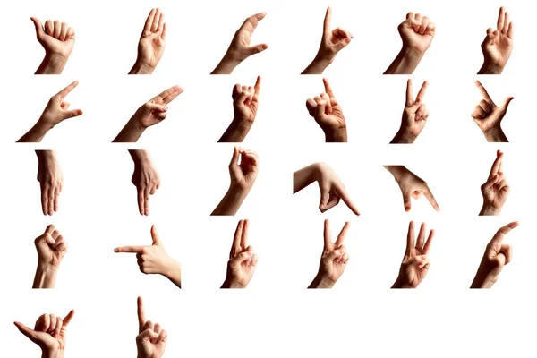 指アメリカ手話 Asl でアルファベットを綴る 白い背景にアルファベットを示す女性のセット — ストック写真