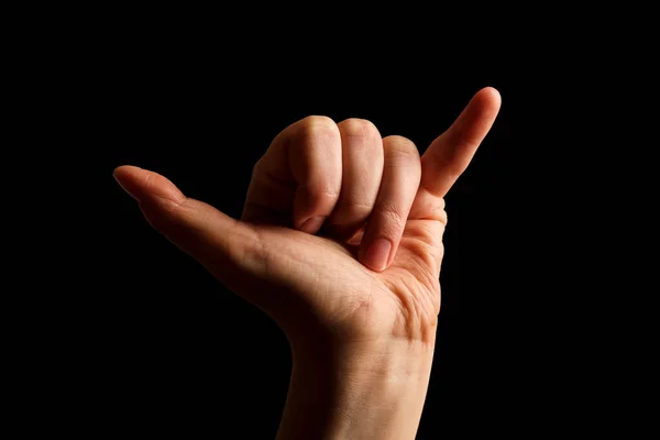Hand Showing Sign of Y Alphabet in American Sign Language (ASL), isolated on black background. Sign language