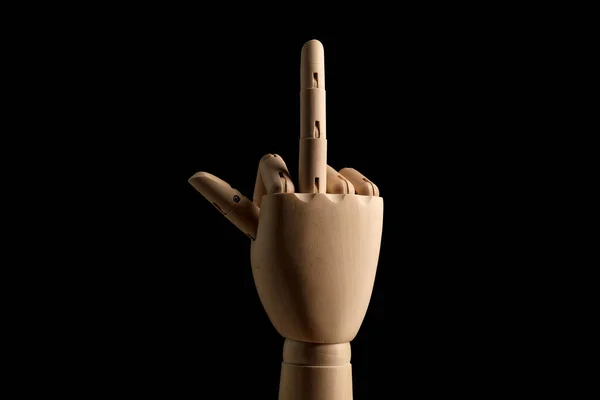 Wooden Hand Mannequin Drawing Shows Obscene Gesture Middle Finger Black — Stock Photo, Image
