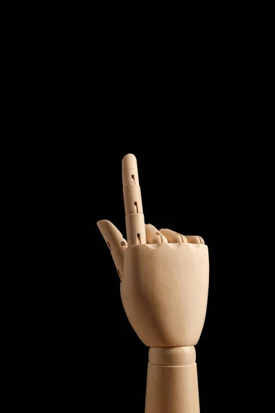 Wooden Hand Mannequin Drawing Indicates Direction Index Finger Black Background — Stock Photo, Image