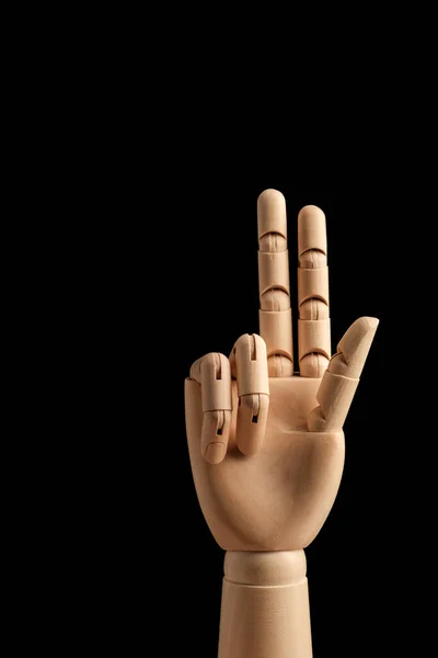 Wooden Hand Mannequin Drawing Shows Three Fingers Black Background Learning — Stock Photo, Image