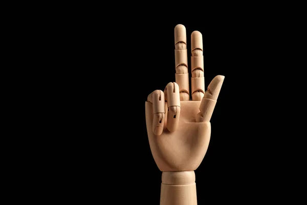 Wooden Hand Mannequin Drawing Shows Three Fingers Black Background Learning — Stock Photo, Image