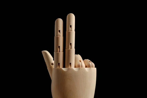 Wooden Hand Mannequin Drawing Shows Three Fingers Black Background Learning — Stock Photo, Image