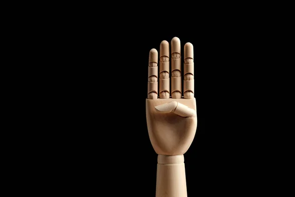 Wooden Hand Mannequin Drawing Shows Four Fingers Black Background Learning — Stock Photo, Image