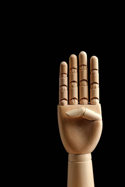 Wooden Hand Mannequin Drawing Shows Four Fingers Black Background Learning — Stock Photo, Image