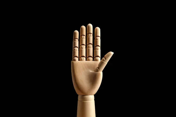 Wooden Hand Mannequin Drawing Shows Five Fingers Black Background High — Stock Photo, Image