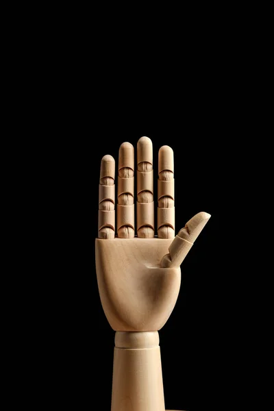 Wooden Hand Mannequin Drawing Shows Five Fingers Black Background High — Stock Photo, Image