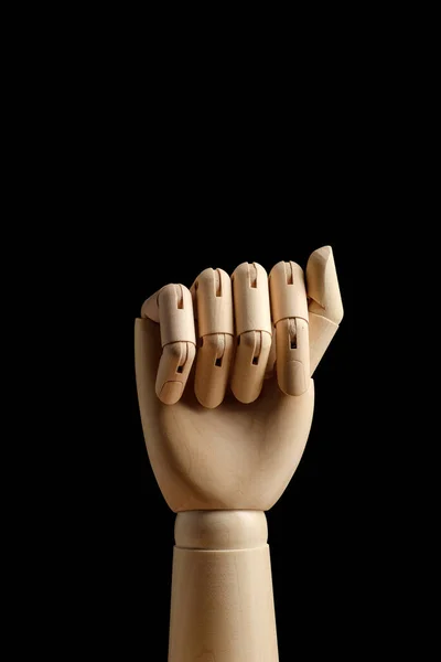 Wooden Hand Mannequin Drawing Clenched Fist Black Background Show Fist — Stock Photo, Image