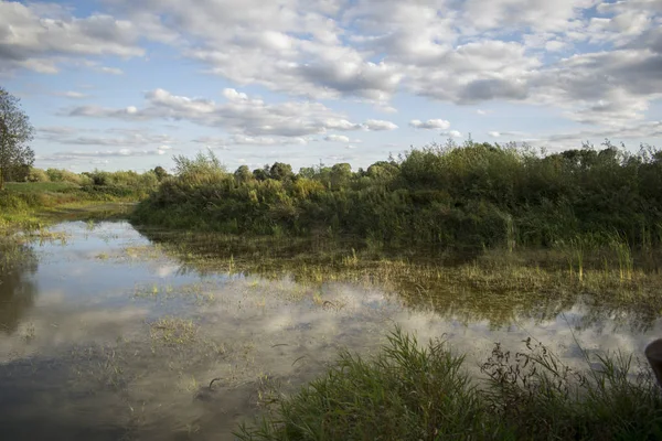 Şaşırtıcı bulutlar yansıma üzerinde ülke tarafı bir nehirde gün batımında