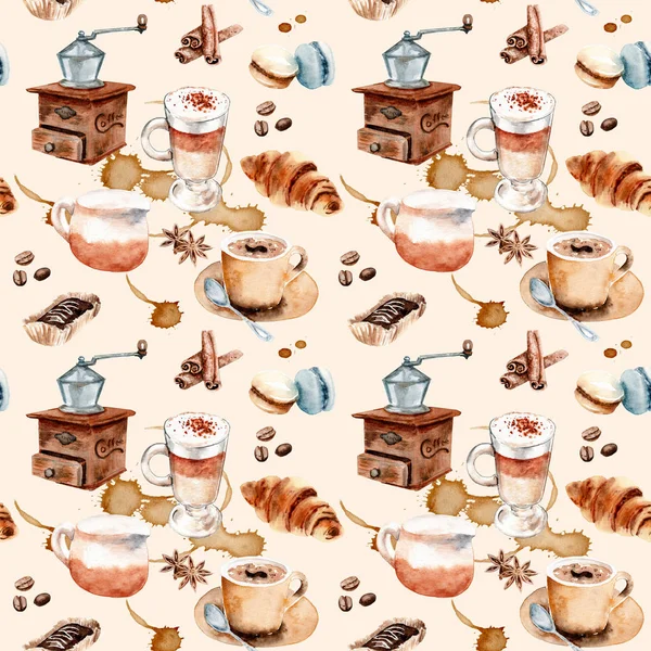 Watercolor drawing coffee set, seamless pattern — Stock Photo, Image
