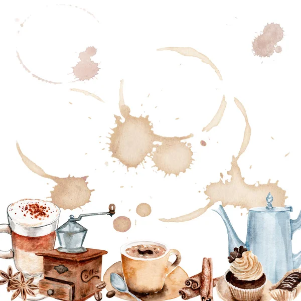 watercolor drawing coffee set for business cards, invitation cards, letters
