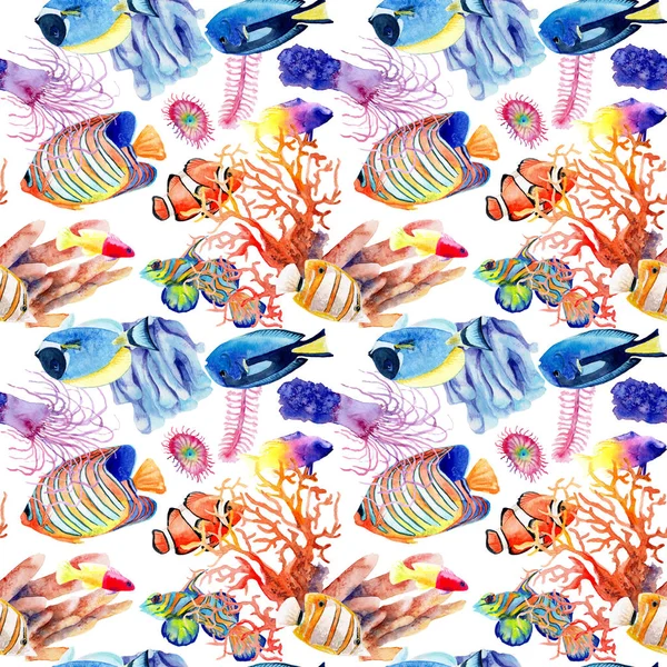 watercolor drawings of bright fish and corals. seamless patterns