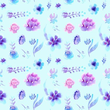 sulu boya desenleri seamless modeli, mor-mavi çiçekler