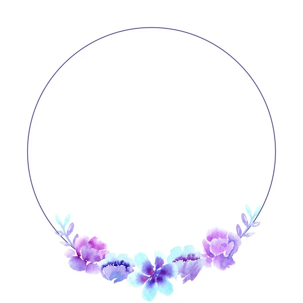 Aquarellzeichnungen, Blumenkranz, violett-blaue Blumen — Stockfoto