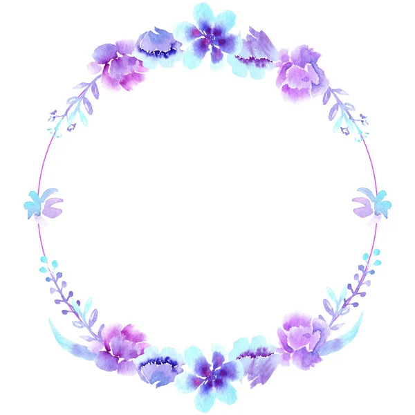 Watercolor drawings, floral wreath, violet-blue flowers — Stock Photo, Image